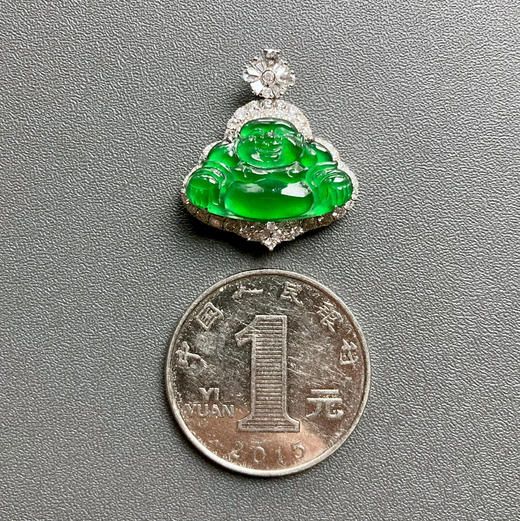 玻璃种阳绿翡翠弥勒佛18k白金钻石镶嵌 商品图4