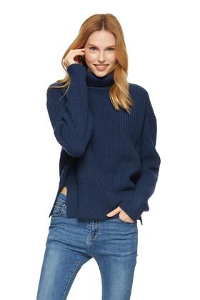 AVA 深蓝色侧开衩高领毛衣 7829