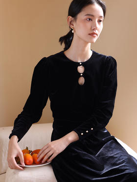 HeyDress法式复古丝绒连衣裙女优雅镂空高腰显瘦设计小黑裙子