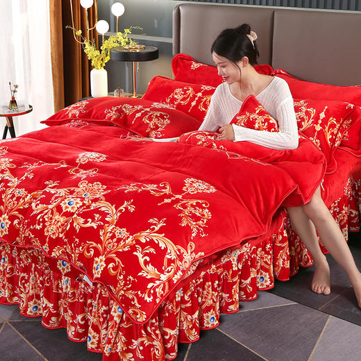 保暖加厚牛奶绒床上四件套，珊瑚法兰绒被套双面加绒床裙款WFG-176 商品图5