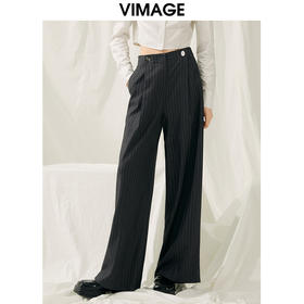 VIMAGE纬漫纪春款时尚通勤条纹显腿长高腰裤子V1905501