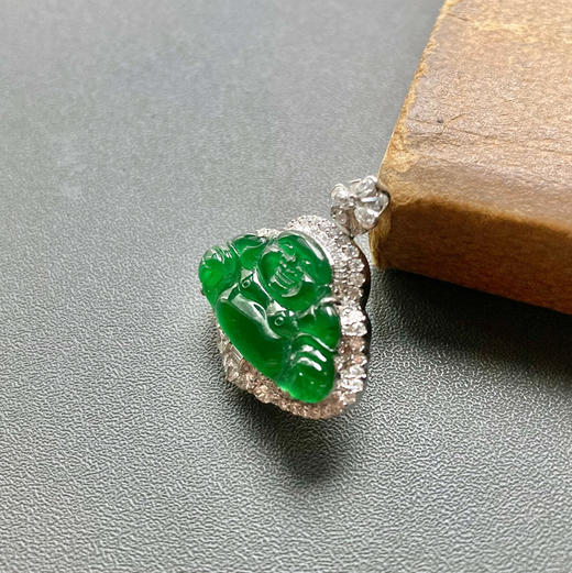 玻璃种阳绿翡翠弥勒佛18k白金钻石镶嵌 商品图2