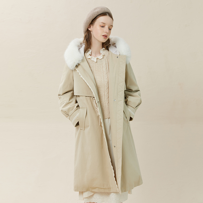 famecoco范可儿收腰连帽派克羽绒服冬季加厚保暖狐狸毛外套女F228AD010