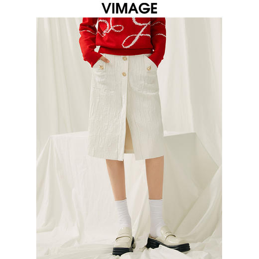 VIMAGE纬漫纪春季新款白色开叉半裙V1906502 商品图5