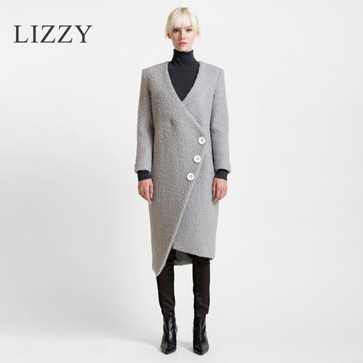 LIZZY 秋冬时尚毛圈肌理感V领茧型不规则几何门襟长款大衣外套6724 商品图1