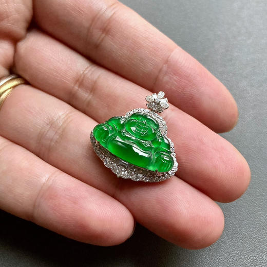 玻璃种阳绿翡翠弥勒佛18k白金钻石镶嵌 商品图8