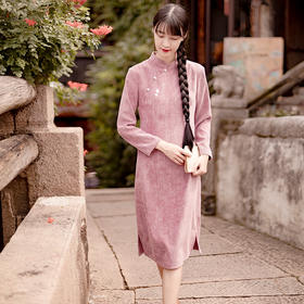 YM-13336灯芯绒旗袍改良版保暖秋冬新款女民国风复古文艺显瘦连衣裙