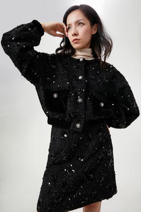 手工钉珠粗花呢撞色拼接外套