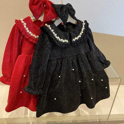 【满满心选推荐】【年装抢先购！不撞衫超可爱公主裙】2022冬装女童花边领撒银亮线加绒喇叭袖公主裙女孩加绒珍珠连衣裙 商品图1