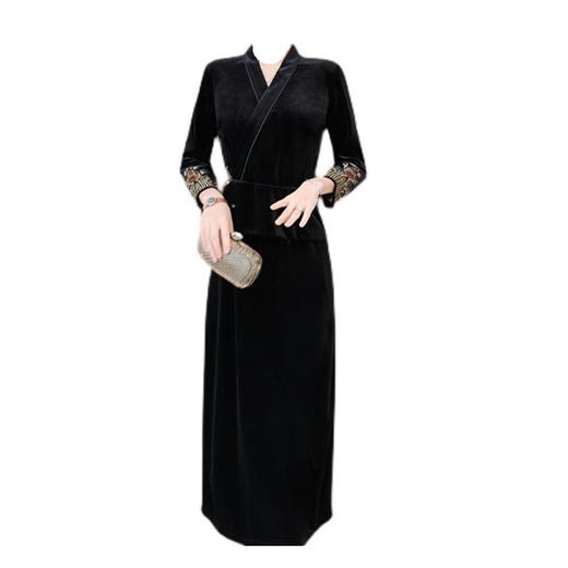 中式复古绣花金丝绒V领旗袍裙修身连衣裙AS8758 商品图4