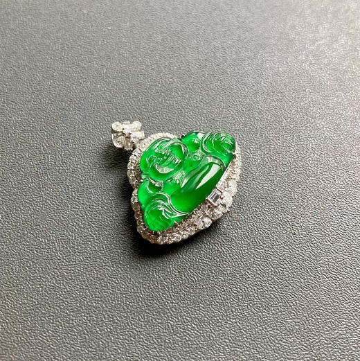 玻璃种阳绿翡翠弥勒佛18k白金钻石镶嵌 商品图3