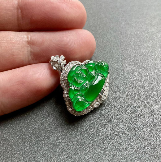 玻璃种阳绿翡翠弥勒佛18k白金钻石镶嵌 商品图7