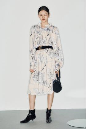 LILY 度假风抽绳印花长款连衣裙 9653