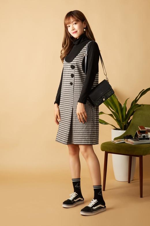 amadella 黑色格纹设计感拼接连衣裙 10555 商品图1