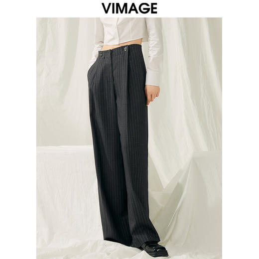 VIMAGE纬漫纪春款时尚通勤条纹显腿长高腰裤子V1905501 商品图3