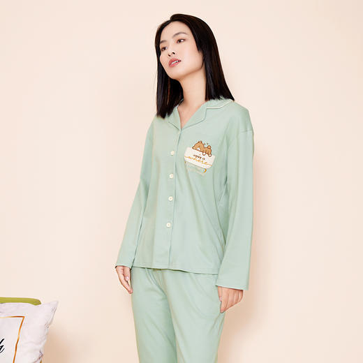 熳洁儿 秋冬晚安小熊可爱纯棉翻领套装裤侧口袋设计女款家居服套装22703227 商品图1
