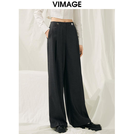 VIMAGE纬漫纪春款时尚通勤条纹显腿长高腰裤子V1905501 商品图2