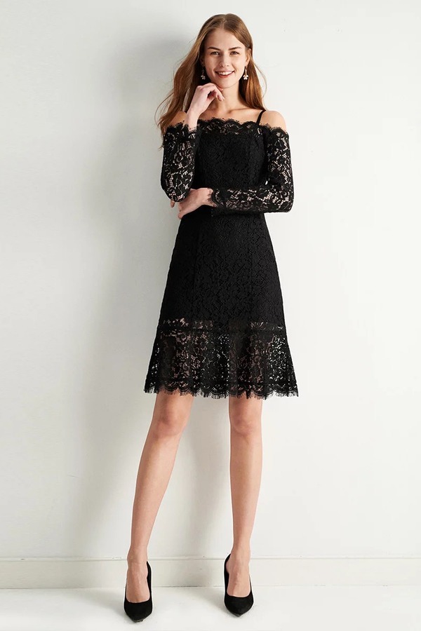 Eifini伊芙丽 优雅黑蕾丝吊带一字肩连衣裙 9731