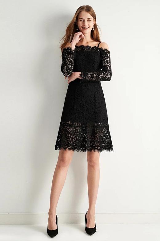 Eifini伊芙丽 优雅黑蕾丝吊带一字肩连衣裙 9731 商品图0