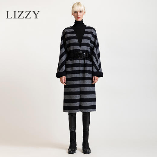 LIZZY 秋冬手工双面绵羊毛条纹大衣外套6717 商品图1