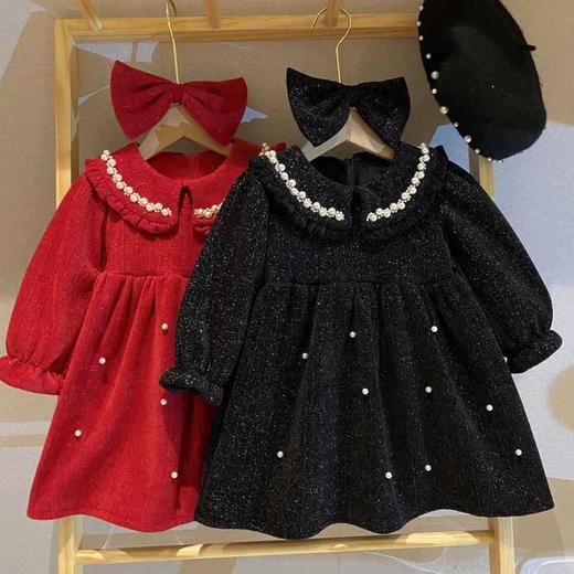 【满满心选推荐】【年装抢先购！不撞衫超可爱公主裙】2022冬装女童花边领撒银亮线加绒喇叭袖公主裙女孩加绒珍珠连衣裙 商品图0