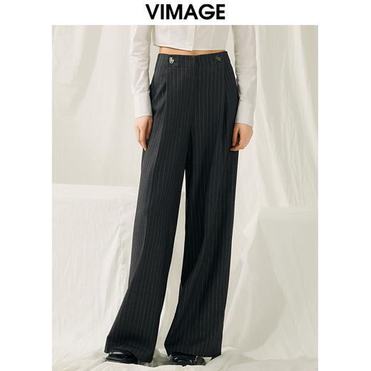 VIMAGE纬漫纪春款时尚通勤条纹显腿长高腰裤子V1905501 商品图5