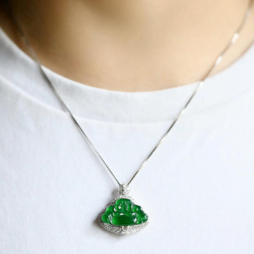 玻璃种阳绿翡翠弥勒佛18k白金钻石镶嵌 商品图9