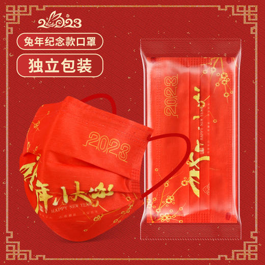 2023兔年口罩中国红过年一次性独立包装春节印花成人款新年口罩 商品图6