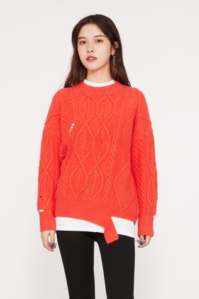 Kai & Kiera 桔红色麻花重工破洞针织上衣 10287