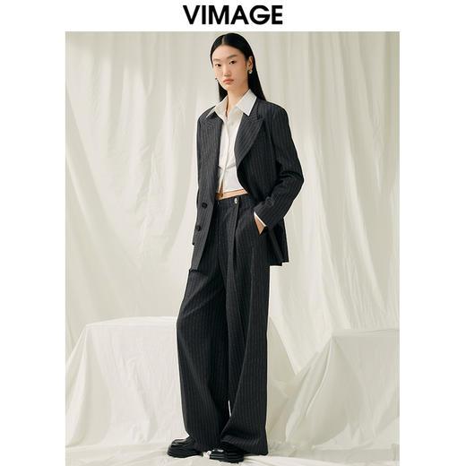 VIMAGE纬漫纪春款时尚通勤条纹显腿长高腰裤子V1905501 商品图1