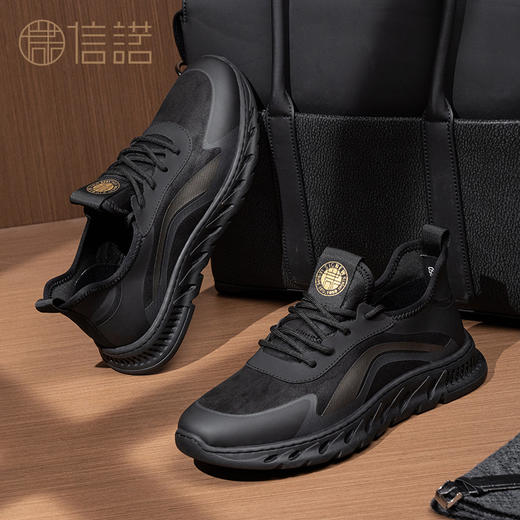 信诺正品黑色鞋子2022新款冬季休闲运动鞋加绒特大码减震厚底男鞋M2M107112 商品图1