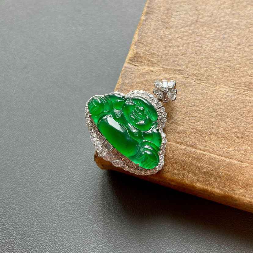 玻璃种阳绿翡翠弥勒佛18k白金钻石镶嵌