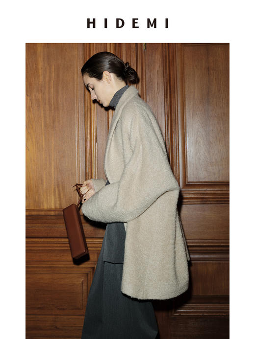 HIDEMI 节日系列羊驼毛长绒拉毛翻领口袋大廓形大衣 黑色/燕麦色 商品图6