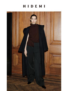 HIDEMI 节日系列藏蓝色大廓形连帽浴袍式腰带设计感长款双排扣美利奴羊毛大衣