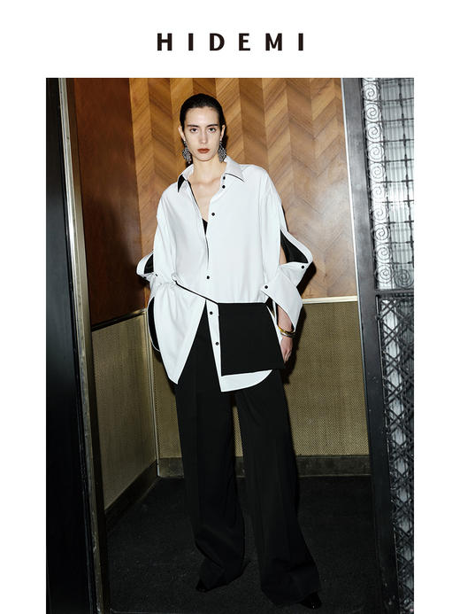 HIDEMI 节日系列双袖纽扣设计感黑白拼色极简衬衫外套 商品图0