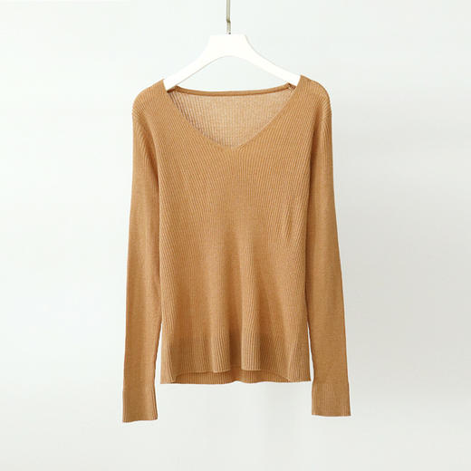 TG-03S199秋冬真丝羊毛V领女长袖打底衫 百搭纯色弹力桑蚕丝t恤女上衣 商品图4