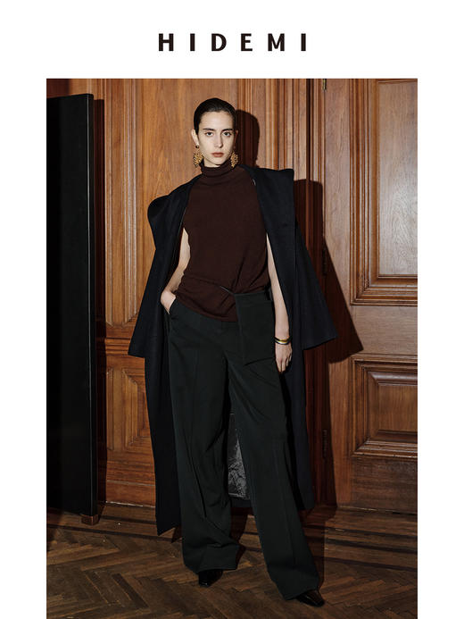 HIDEMI 节日系列藏蓝色大廓形连帽浴袍式腰带设计感长款双排扣美利奴羊毛大衣 商品图3