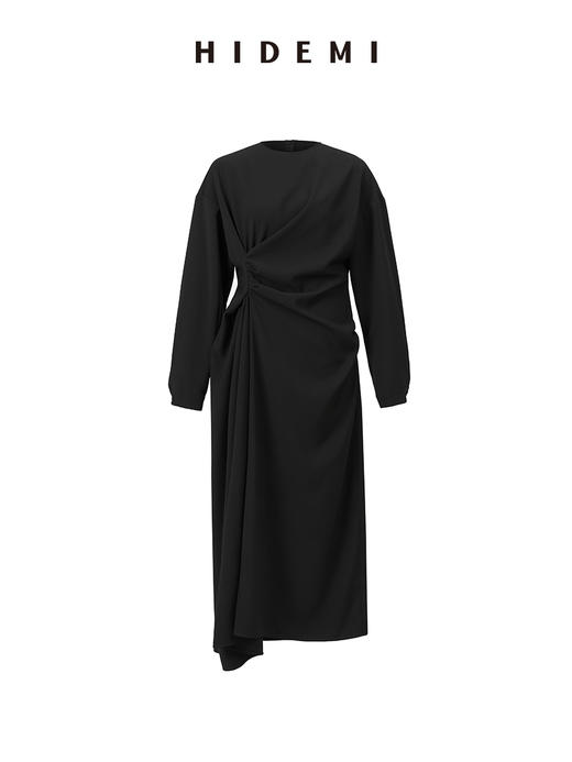 HIDEMI 节日系列褶皱不对称设计感黑色显瘦连衣裙 商品图8