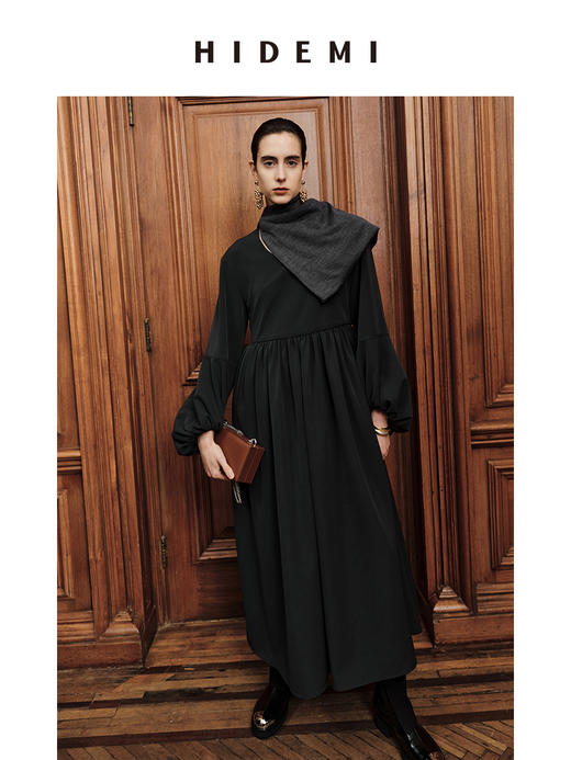HIDEMI 节日系列轻礼服极简圆领高级灰灯笼袖连体裙 商品图2