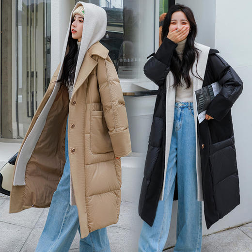 FF-193大码女装加厚胖妹妹200斤针织帽毛呢拼接羽绒服女193 商品图0