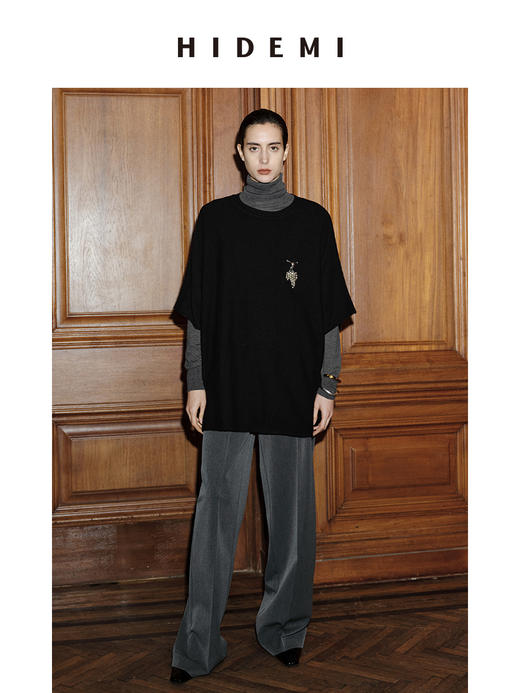 HIDEMI 节日系列美利奴羊毛极简廓形圆领中袖 黑色/灰色/巧克力色 商品图4