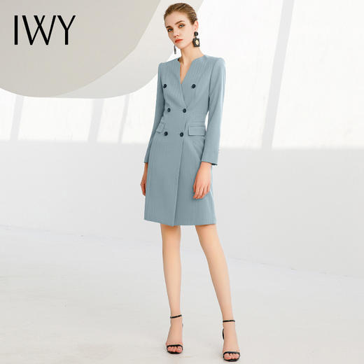 IWY/新款通勤职业连衣裙蓝色长袖双排扣英伦风白领修身正装一步裙223214Q1 商品图2