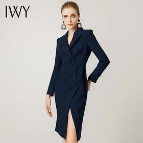 IWY/藏青色洋气长袖西装领韩版通勤名媛包臀裙223209Q1