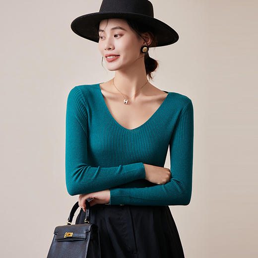 TG-03S199秋冬真丝羊毛V领女长袖打底衫 百搭纯色弹力桑蚕丝t恤女上衣 商品图0