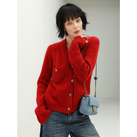 COCOBELLA质感花纱亮丝粗针毛衣女新年圣诞红针织外套MZ101B 商品图3