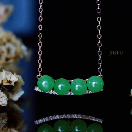 18K玫瑰金和田玉（碧玉）镶钻项链--笑颜/玉珠直径5mm/链长40+2cm/苹果绿 商品图0
