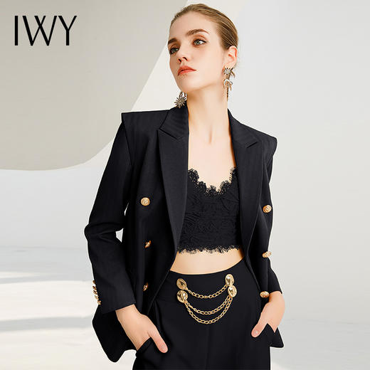 IWY/高端洋气时尚套装黑色戗勃领西服外套女名媛个性显瘦套裤223216C1+P6 商品图6