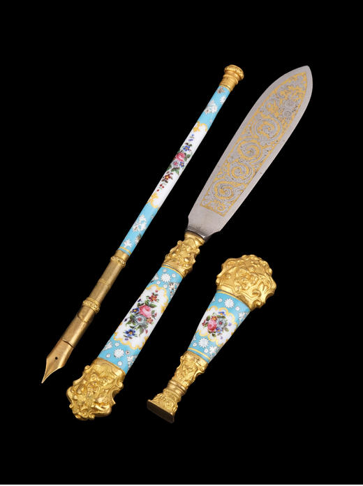 独角鹿西洋古董Pomponne合金精雕镶嵌花卉手绘珐琅文房用品套件 商品图2