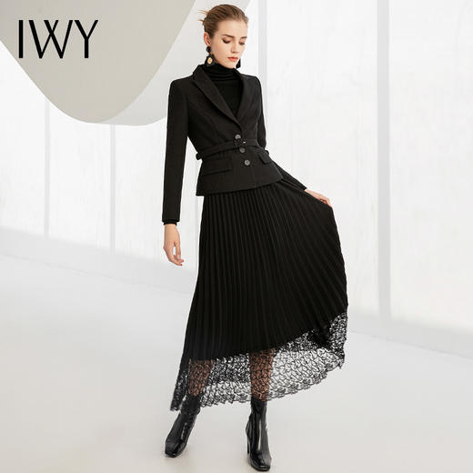 IWY/高端黑色时尚套装女秋名媛气质长袖小西装套裙通勤女士正装百褶裙224001C1+S4 商品图2