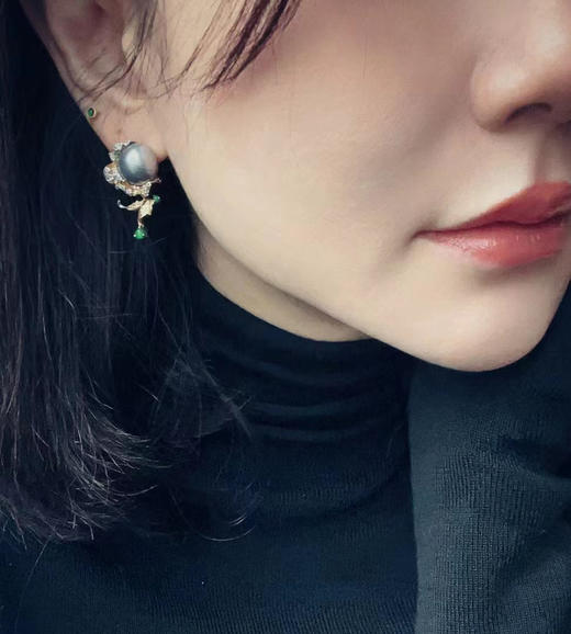 龢盒原创 迷醉系列极光星空蓝马贝翠翡钻石繁花耳扣 耳钉 商品图5